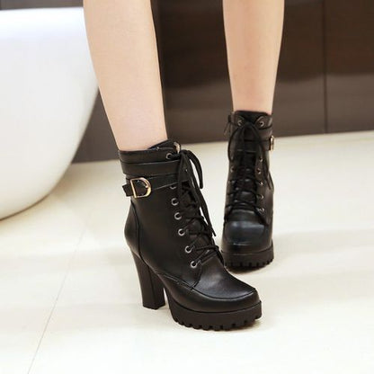 Women's Lace Up Buckle High Heels Platform Short Boots