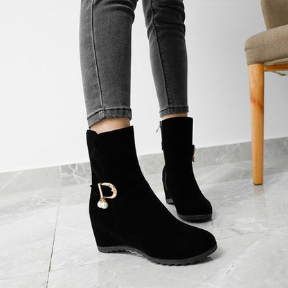 Women Metal Buckle Pearl Wedges Short Boots Winter Shoes