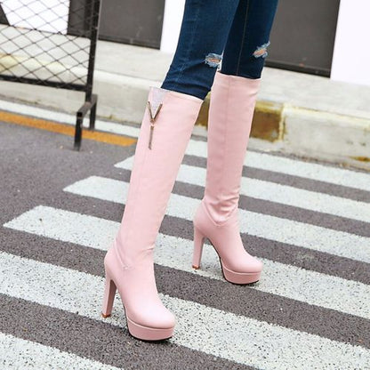 Women Tassel High Heels Platform Knee High Boots