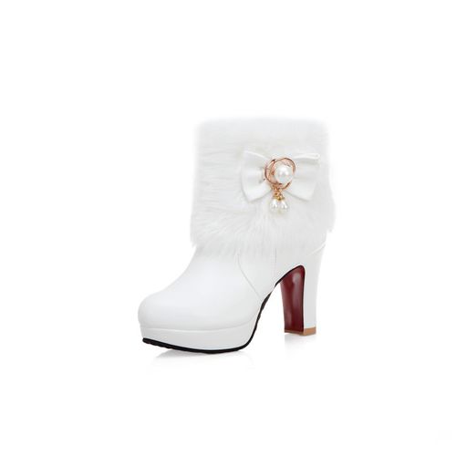 Women Pearl Bow Tie Short Boots Winter Shoes