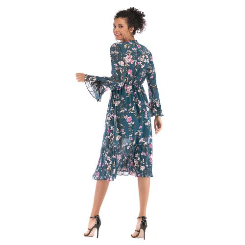 Chiffon Spring Summer Beam Waist with Flared Sleeves and Large Floral Skirt Women Dresses