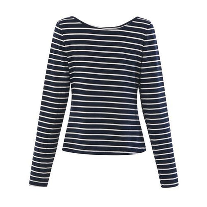 Stripe Round Neck Long Sleeves Sexy Slim Women T Shirts