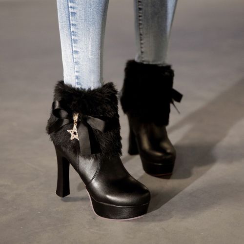 Women Rhinestone Bow Tie Platform High Heels Short Boots Winter Shoes