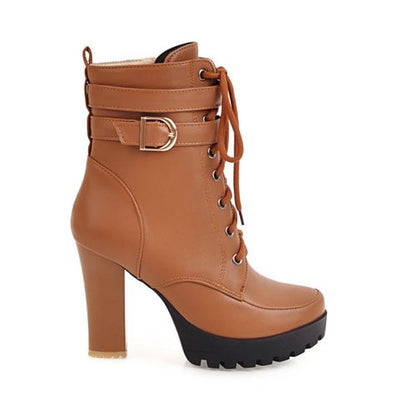 Women's Lace Up Buckle High Heels Platform Short Boots