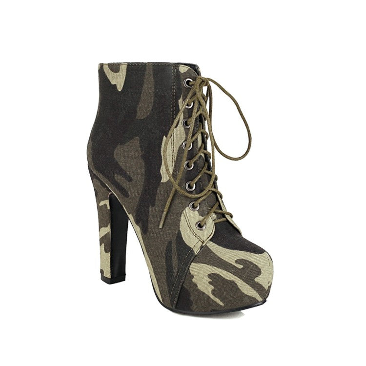 Camouflage Lace Up Platform Ankle Boots High Heels 6927 – meetfun