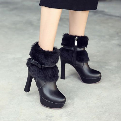 Women Bow Tie High Heels Short Boots Winter Shoes