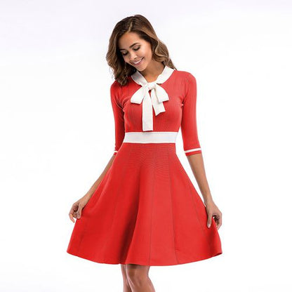 V-neck Lace Up Bow Swing 5-sleeve Beam Waist Women Dresses