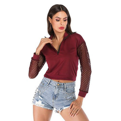 Mesh Stitching Casual Spring Slim Zipper Women Sweatshirt