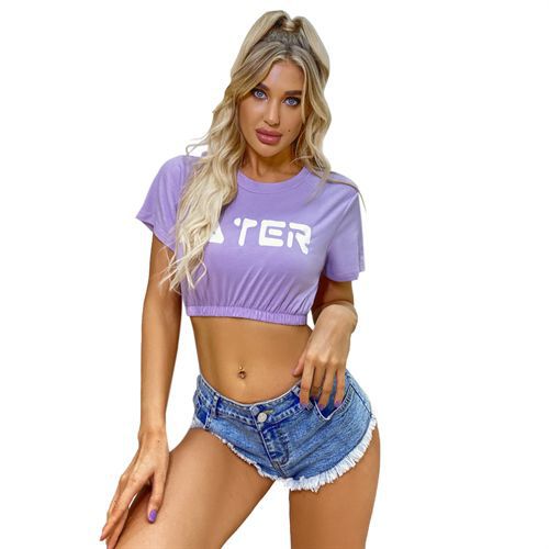 Super Short Round Neck Elasticity Letters Short Sleeves Fashion Daily Women T Shirts