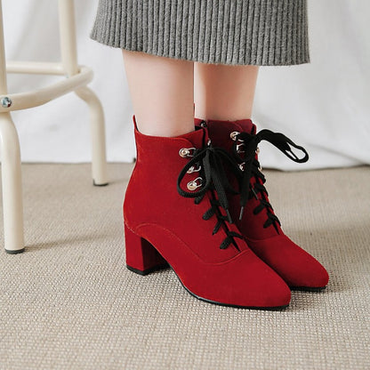 Women's Motorcycle Boots Autumn Winter Pointed Toe Lace-up High Heel Ankle Boots