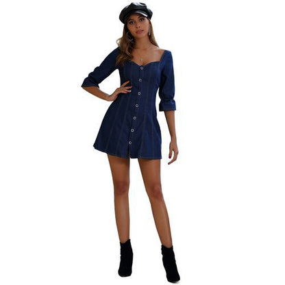 Denim Square Neck Lantern Sleeve Mid Sleeve A-line Women's Dresses