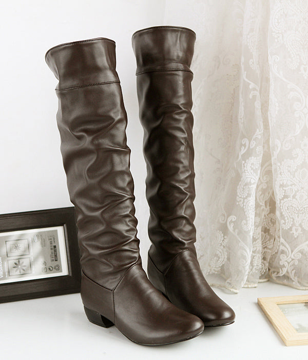 Round Toe Knee High Boots Low Heels Shoes for Woman 9894