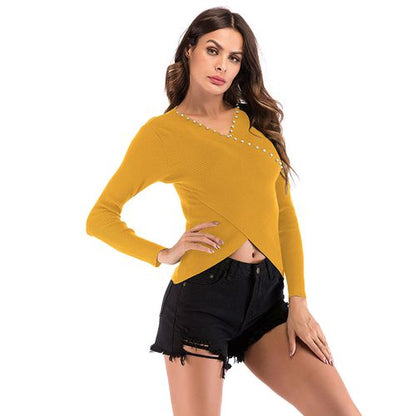 Solid Nail Bead Short Sweater Women's Spring Trim V-neck Cross-knit Sweater