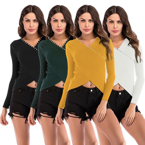 Solid Nail Bead Short Sweater Women's Spring Trim V-neck Cross-knit Sweater
