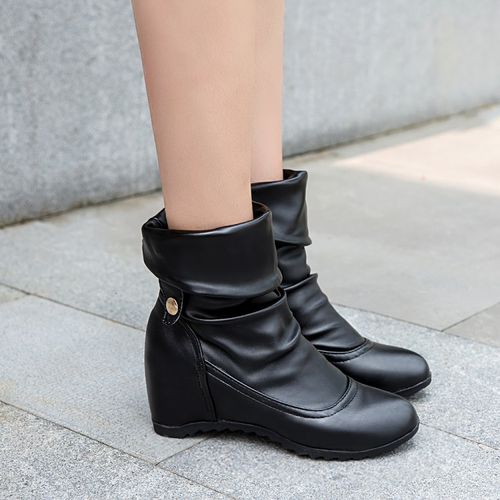 Women Pleated Wedges Heeled Short Boots Winter Shoes