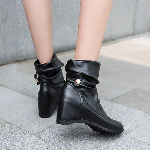Women Pleated Wedges Heeled Short Boots Winter Shoes