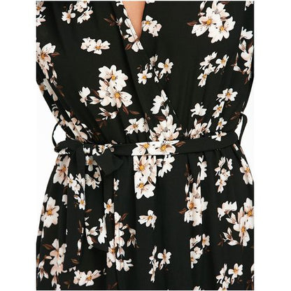 Vintage Crushed Flower Deep V-neck High Open Fork Short-sleeved Holiday Beach Dress Women Dresses