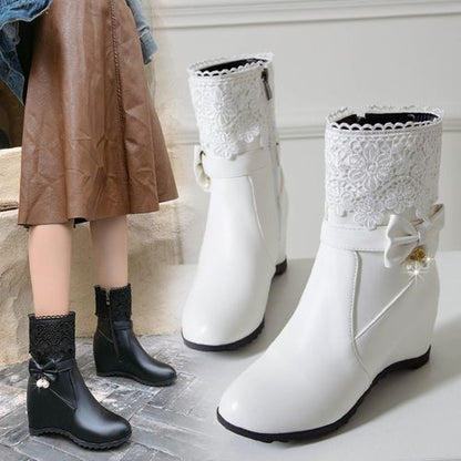 Women Lace Pearl Wedges Short Boots Winter Shoes