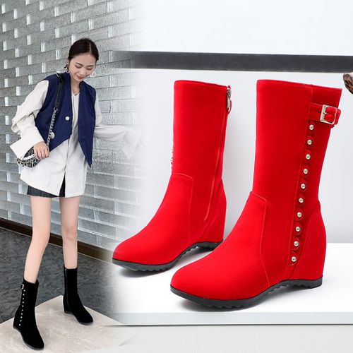 Women Rivets Buckle Wedges Mid Calf Boots Winter Shoes