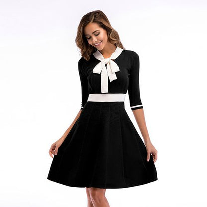 V-neck Lace Up Bow Swing 5-sleeve Beam Waist Women Dresses