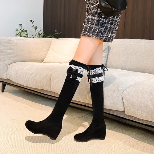 Women Lace Bowtie High Heels Tall Boots