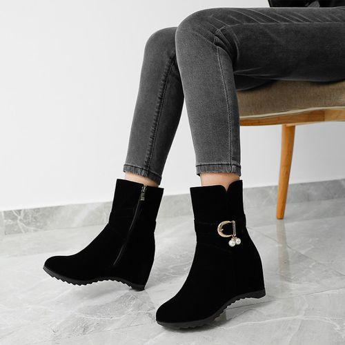 Women Metal Buckle Pearl Wedges Short Boots Winter Shoes