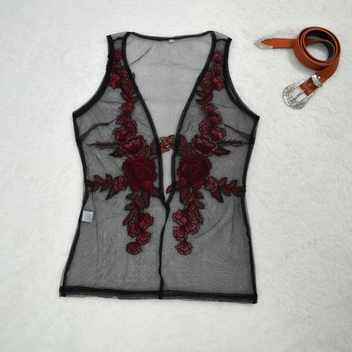 Embroidered Transparent Slings Sexy Deep-v Sleeveless Women Tank Tops