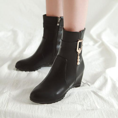 Women Buckle Pearl Wedges Heels Short Boots Winter Shoes