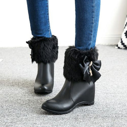 Women Rhinestone Bow Tie High Heels Short Boots Winter Shoes