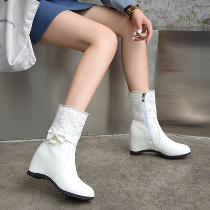 Women Lace Pearl Wedges Short Boots Winter Shoes