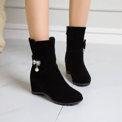 Women Bow Tie Pearl Wedges Short Boots Winter Shoes