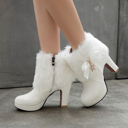 Women Rhinestone Bowtie High Heels Short Boots Winter Shoes