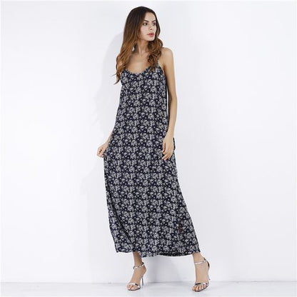 Vintage Crushed Print Sling V-neck Sexy Big-swinging Dress Women Dresses