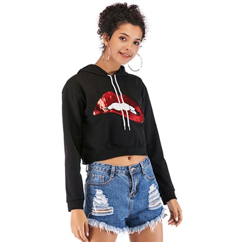 Lip Sequin Print Hoodie Spring Slim Short Woman Sweatshirt