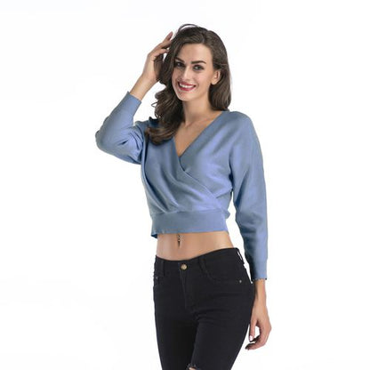 Solid Short Sweater Women Spring New Slim Cross V-neck Knitwear