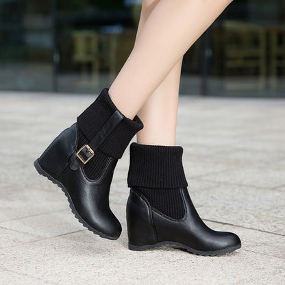 Women Buckle Wedges Heels Short Boots Winter Shoes