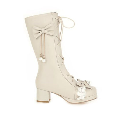 Women Pearl Bow High Heels Mid Calf Boots