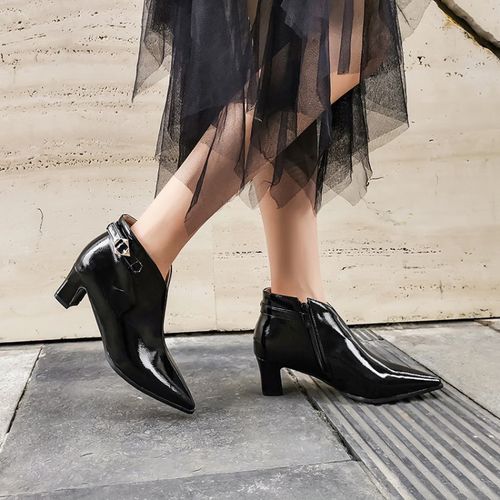 Pointed Toe Zip Buckle Patent Leather Women's High Heeled Ankle Boots