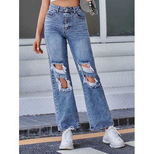 Ins Fashion Casual High Waist Holes Denim Long Women Jeans
