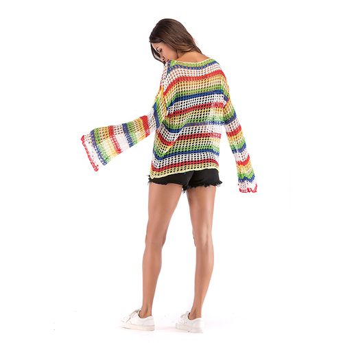Cut Out Crochet Rainbow Sweater Women's Spring New Loose Round Neck Sweater