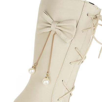 Women Pearl Bow High Heels Mid Calf Boots