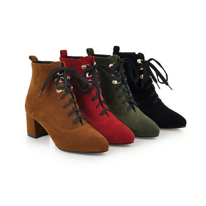 Women's Motorcycle Boots Autumn Winter Pointed Toe Lace-up High Heel Ankle Boots