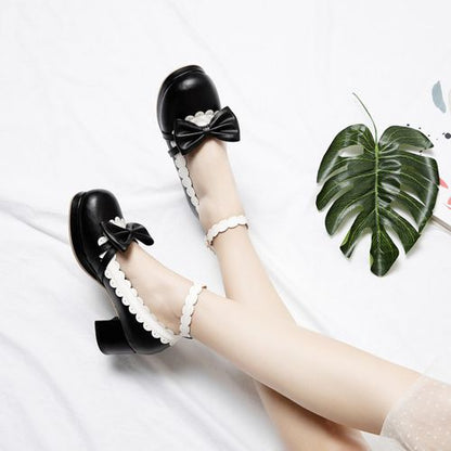 Women Chunky Heel Pumps Mary Janes Shoes with Bowtie