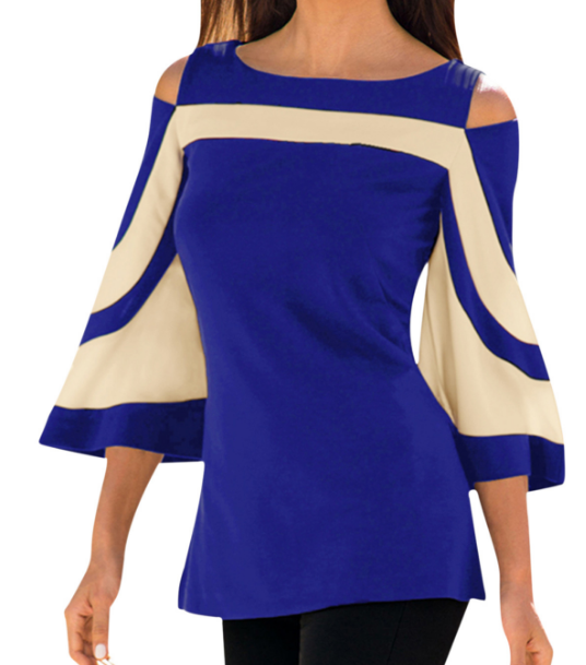 Flare Sleeve Cold Shoulder Two Tone Blouse 5283