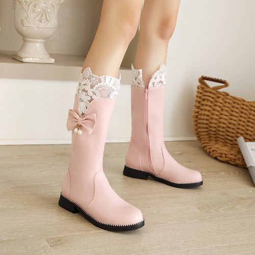 Women Lace Bow Low Heels Mid Calf Boots