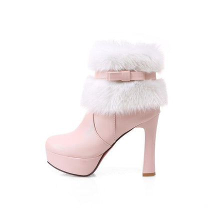 Women Bow Tie High Heels Short Boots Winter Shoes