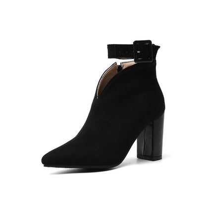 Pointed Toe Buckle Women's High Heeled Chunky Ankle Boots