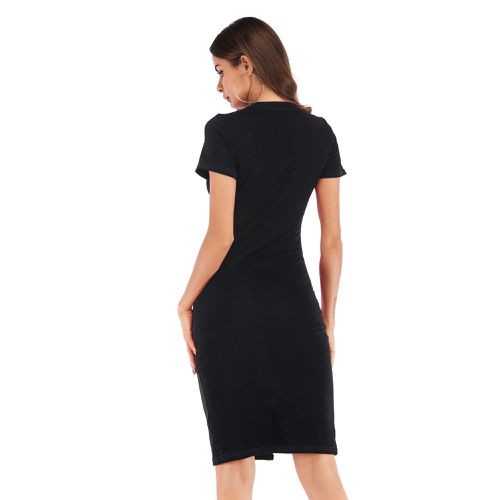 Round Neck Short Sleeve Pin Bead Mid Length Skirt Split Buttock Knitting Women Dresses