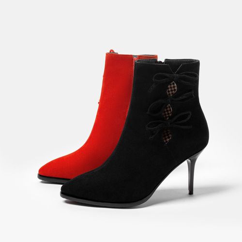 Women Pointed Toe Flower High Heels Short Boots