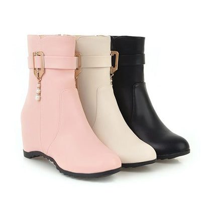 Women Buckle Pearl Wedges Heels Short Boots Winter Shoes